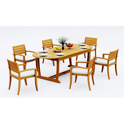 Ensemble de salle à manger 7 pièces en bois de teck de qualité A: table de chevet ovale à tréteaux de 94 po et 6 chaises empilables Alvarado # 11TV2306
