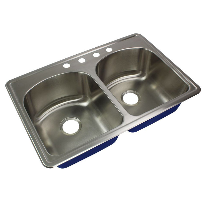 Meridian 33'' L Double Bowl Stainless Steel Kitchen Sink, 4-Hole