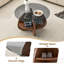Table basse créative à structure croisée avec plateau en verre trempé gris et rangement en forme de ventilateur de couleur noyer, parfaite pour les petits espaces et les salons modernes.