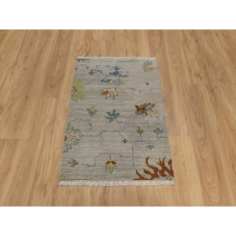 Tapis oriental gris pâle 2 pi 1 po x 3 pi avec motif Agra, laine pure, tapis oriental noué à la main
