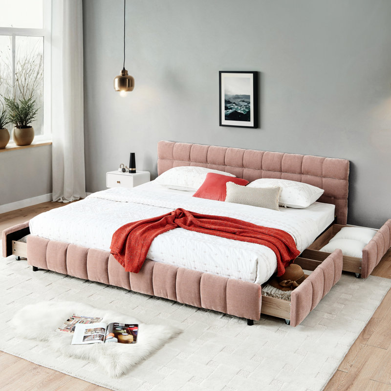 Lit très grand moderne avec revêtement en chenille rose, structure solide et tête de lit avec tiroirs de rangement