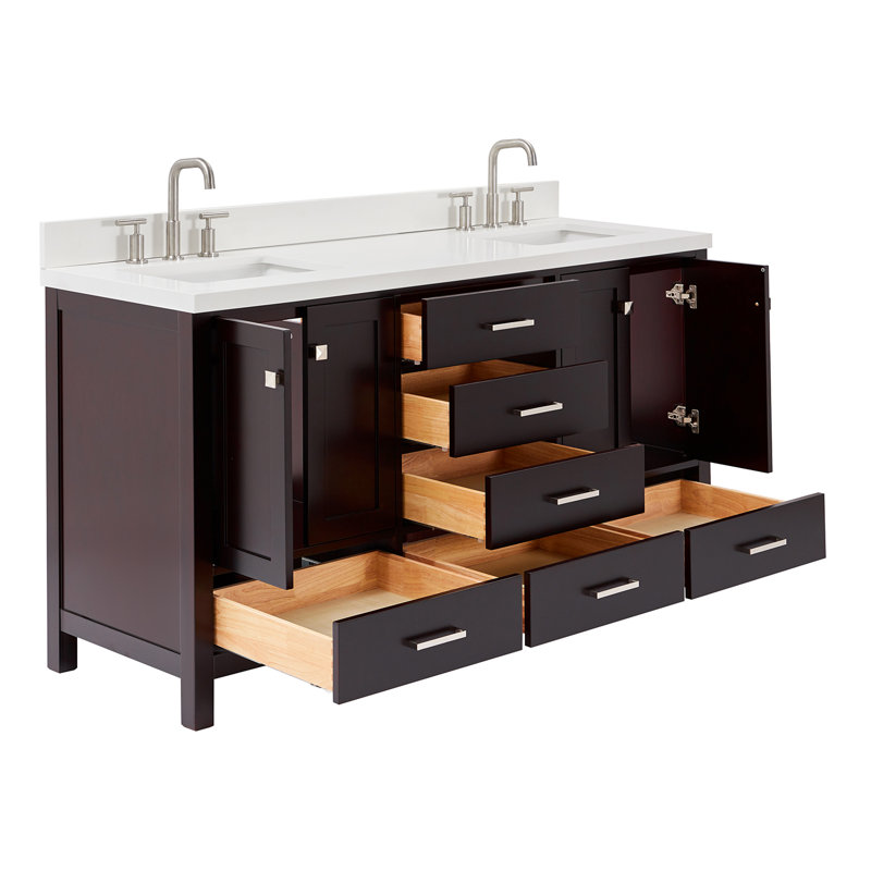 Cambridge 67'' Double Bathroom Vanity with White Quartz Top, Espresso / Brushed Nickel