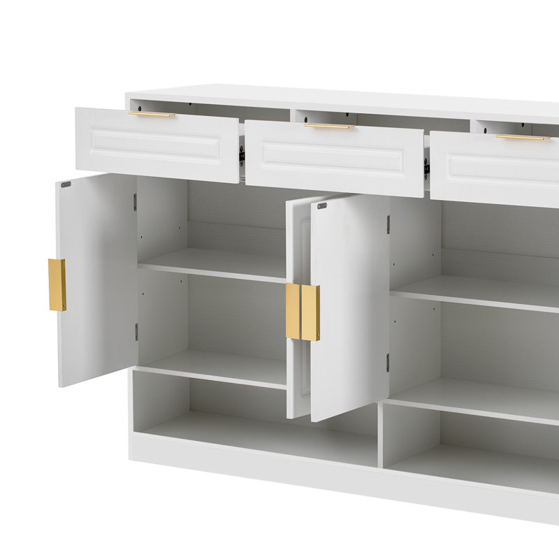 Farmhouse Sideboard With 3 Drawers & 4 Doors,59.1" Multi-Functional Storage Buffet With Adjustable Shelf And Open Storage Compartments,White