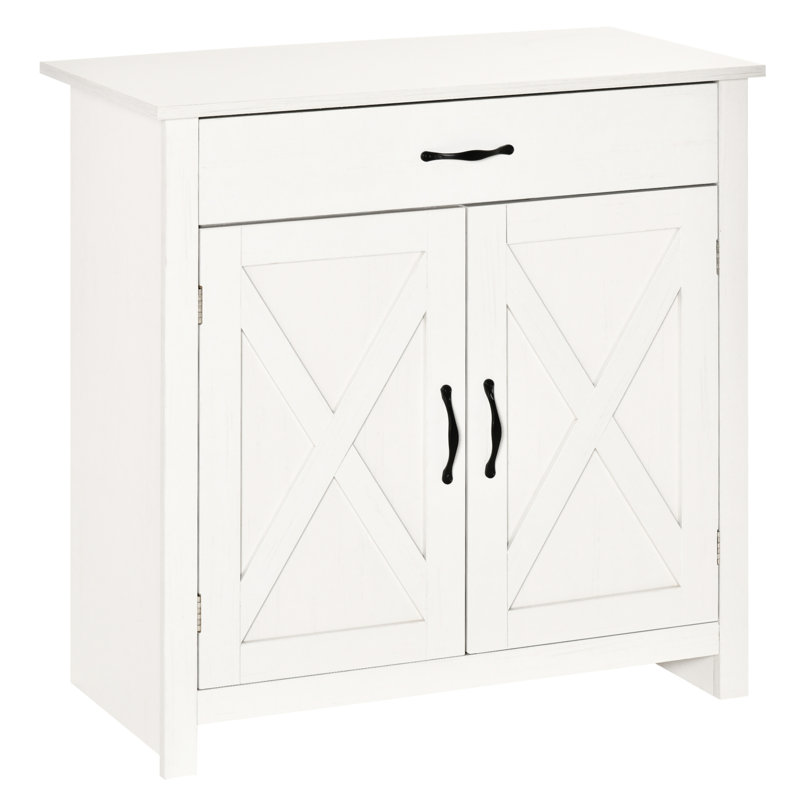 Armoire d'appoint blanche avec porte de grange pour cuisine, l 32 po, amplement d'ustensiles de rangement avec style, cuisine et salon