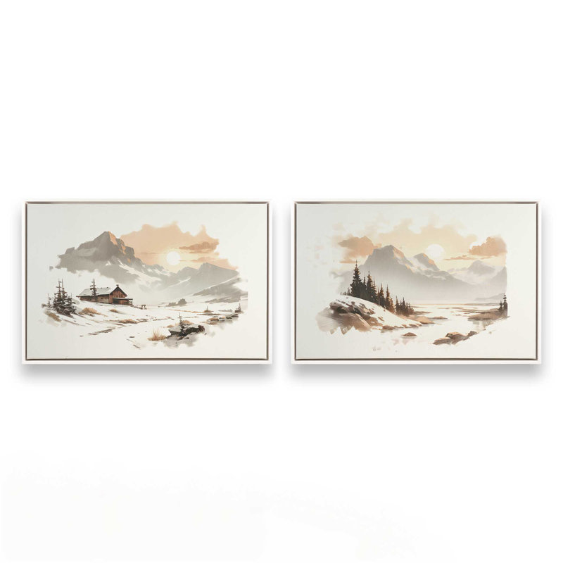 Winter's Quiet Refuge Set of 2 Canvas Prints in a Black Frame, 8" x 12", Opaque White Floater Framed, 13" H x 38" W x 1.75"D