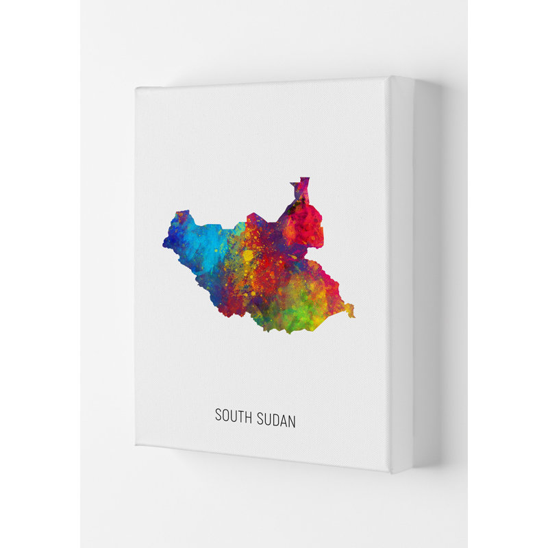 South Sudan Watercolour Map by Michael Tompsett - Print, 29.7cm H x 21cm W x 4cm D, Wrapped Canvas