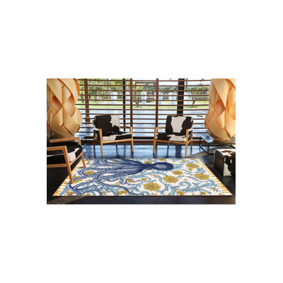Octopus Patterned Woven Carpet In Blue Shades
