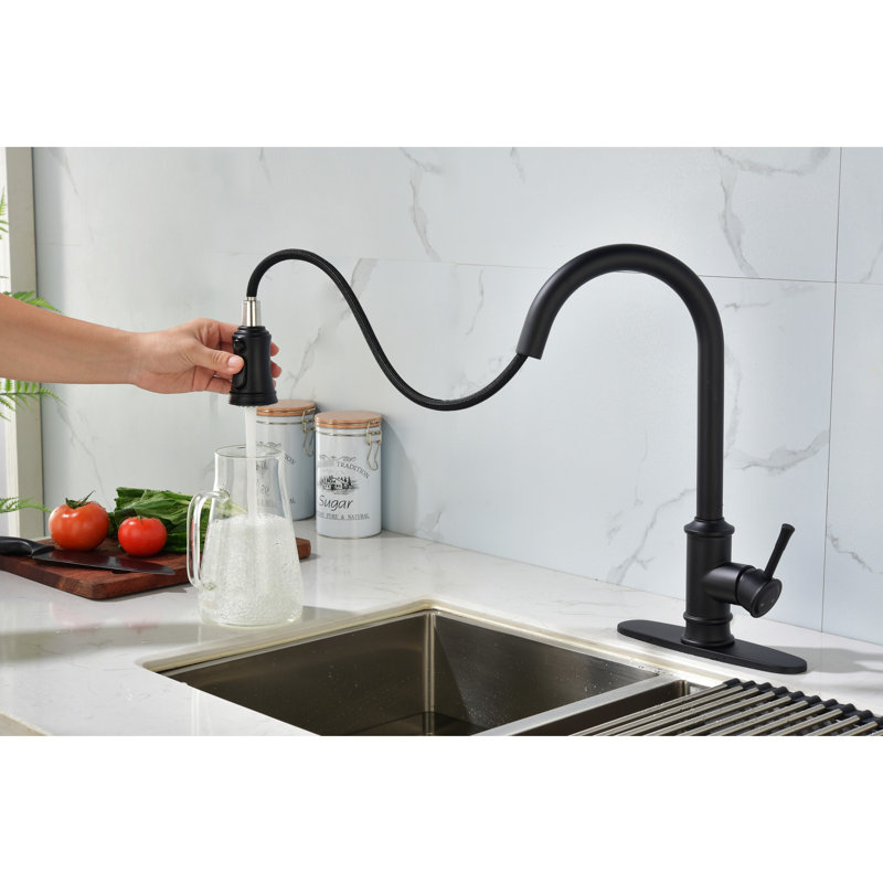 Robinet de cuisine en acier inoxydable de couleur noir mat avec une poignée rétractable et une poignée robuste