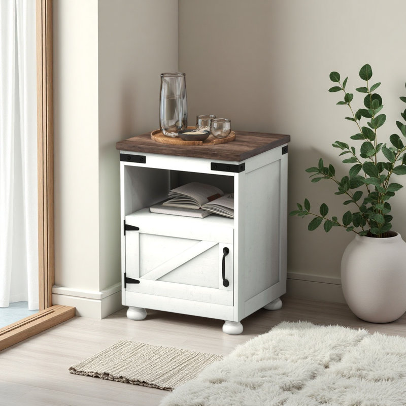 Table d'appoint avec rangement, table de bout avec tablette ouverte, armoire et pieds en bois, style moderne et campagnard