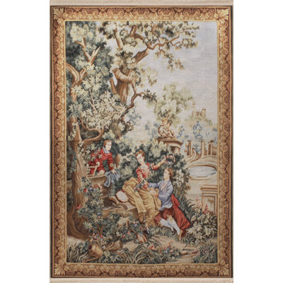 Multicolored Tapestry Design Tree and Human Pattern Fringed Vintage Decorative Carpet