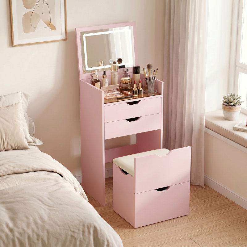 3 in 1 Compact Vanity Desk With Flip-up Led Mirror, Large-capacity drawers and hidden stool storage space, Pink