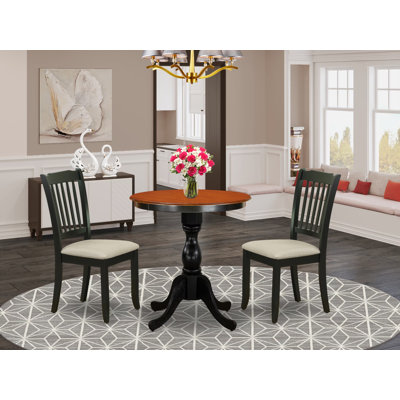 3 Piece Dinette Set for Small Spaces Contains a Round Dining Table with Pedestal and 2 Linen Fabric Upholstered Dining Chairs, 30x30 Inch, Black & Cherry