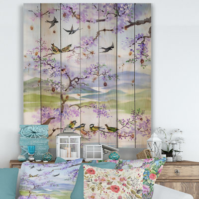 Oiseaux sur une branche de cerisier - Impression traditionnelle sur bois de pin naturel