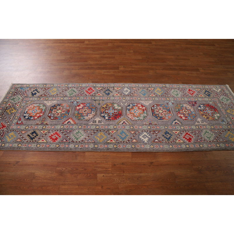 Tapis de couloir géométrique fait à la main Kazak 3 x 8