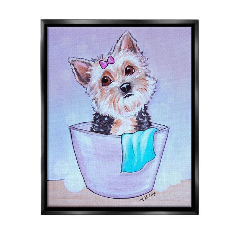 «Terrier With Soap Bubbles Floater Frame» par Michelle Gilsey sur toile, Cadre flottant noir de jais, H 31 po x l 25 po