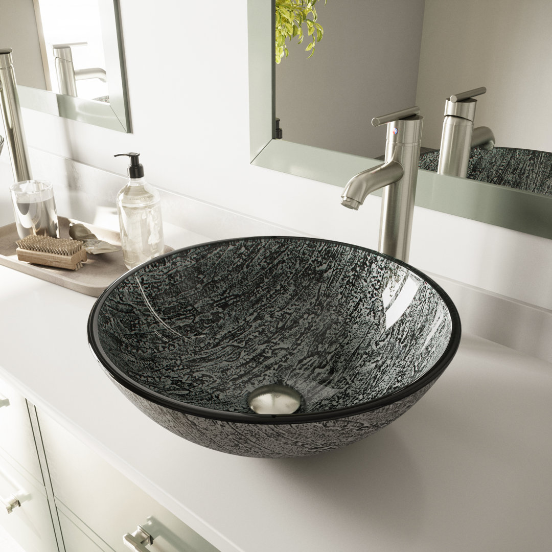 Giovanni Titanium Glass 17" L 17" W 6" H Round Vessel Bathroom Sink VIGO Sink 
