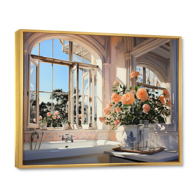 " Bathroom Sunlit Morning II ", 16" H x 32" W x 1" D, Gold Floater Framed