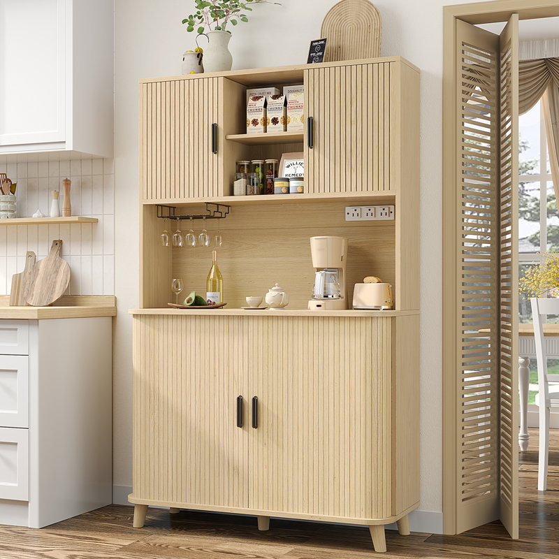 71"H Stand Alone Kitchen Pantry Cabinet，Wood Storage Pantry Cabinet With Adjustable Shelves，Buffet Sideboard With Wine Rack, Built-In Charging Station & Coffee Bar Cabinet For Kitchen & Dining Room