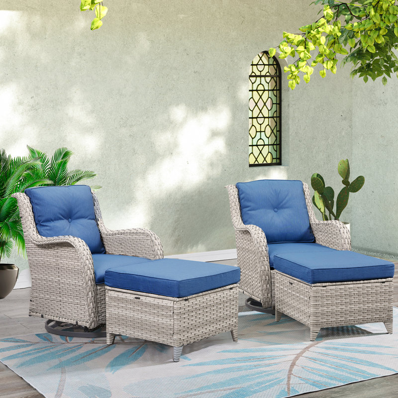 Bonia Makennah Swivel rocking Patio Chair with Cushions and Ottoman, Navy Blue, Off White