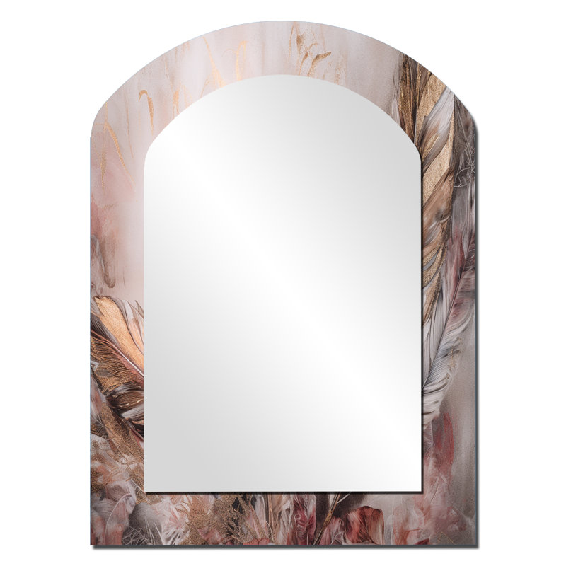 Gold Glamorous Feathers Of Boho Fantasy IV - Glam Feather Arch Decorative Wall Mirror, Modern Asymmetrical Mirror, Printed Metal Art