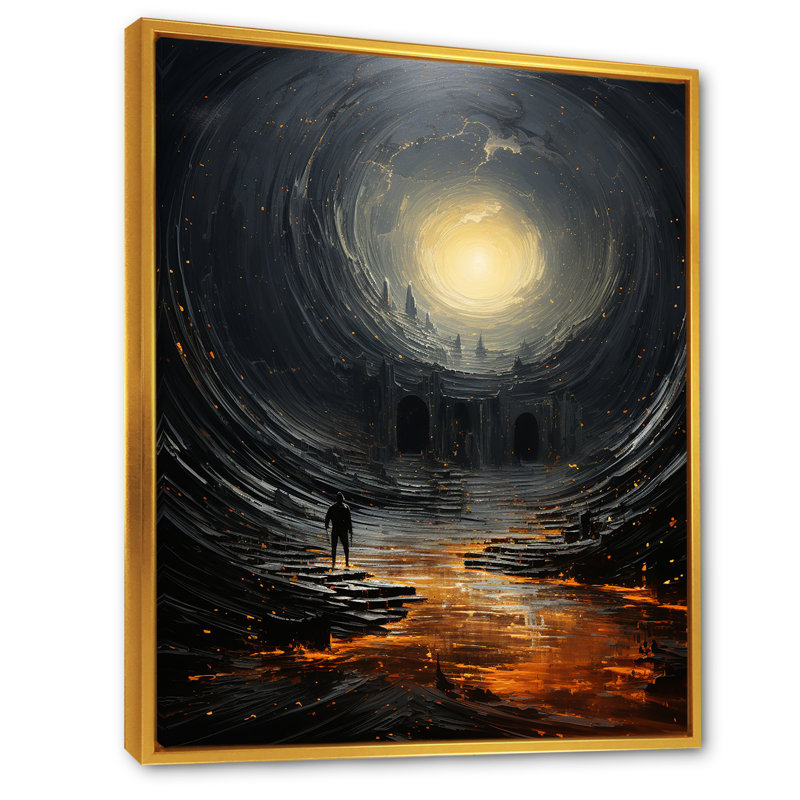 «Black Cosmic Curl Spiral» - Reproduction sur toile de spirales abstraites_106077, Toile avec cadre flottant or
