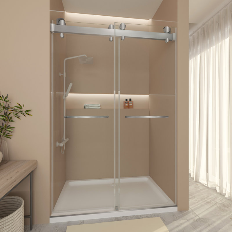 Porte de douche sans cadre avec système de fermeture avancé l 57 à 60 po x H 78 po Gargy, Argent brossé, Dual Door Stops