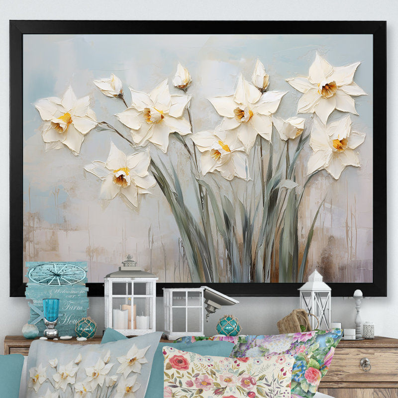 Minimalisme - jonquilles blanches, H 16 po x l 32 po x P 1 po, Cadre simple noir