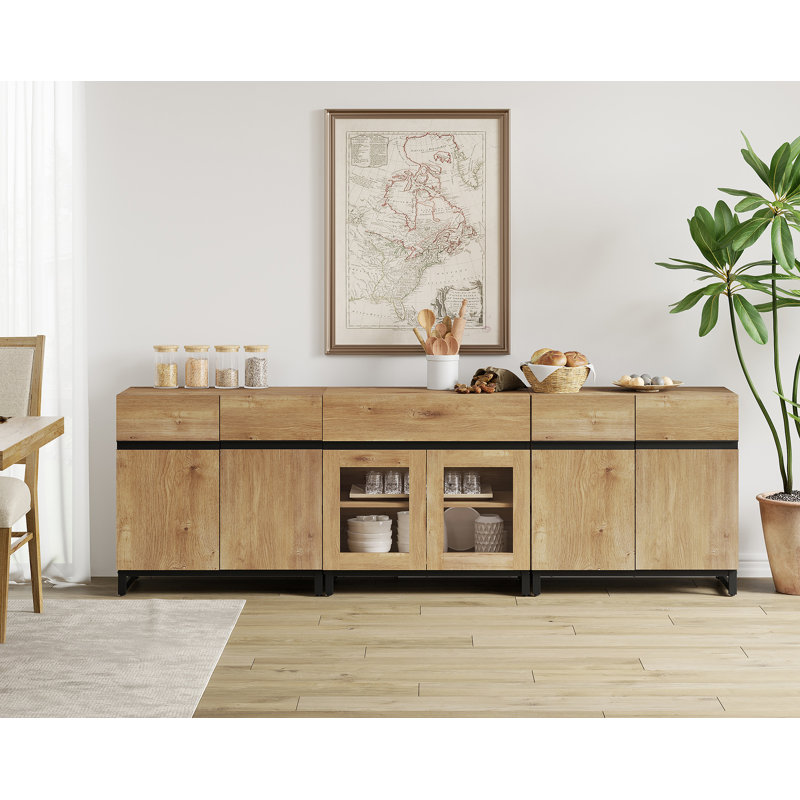 Modern Sideboard With Adjustable Shelves And Drawer, 3 In 1 Storage Cabinet With Glass Doors, Coffee Bar Cabinet For Living Room, Kitchen