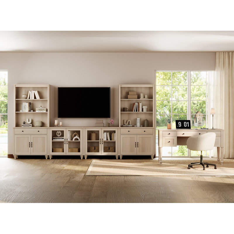 Ensemble de bureau et de meuble télé de style campagnard, centre de divertissement avec tablettes pour téléviseurs de 75 po ou moins, bureau d'écriture pour bureau personnel et salon, beige