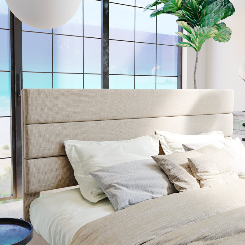 Elison Platform Bed with Fabric Upholstered Headboard and Wooden Slats, Queen, Beige