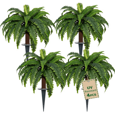 4 Pack Artificial Boston Ferns with Ground Spike, Large UV Resistant Fake Fern Plants with 60 Realistic Leaves for Outdoor Planters, Porch, Patio Decor