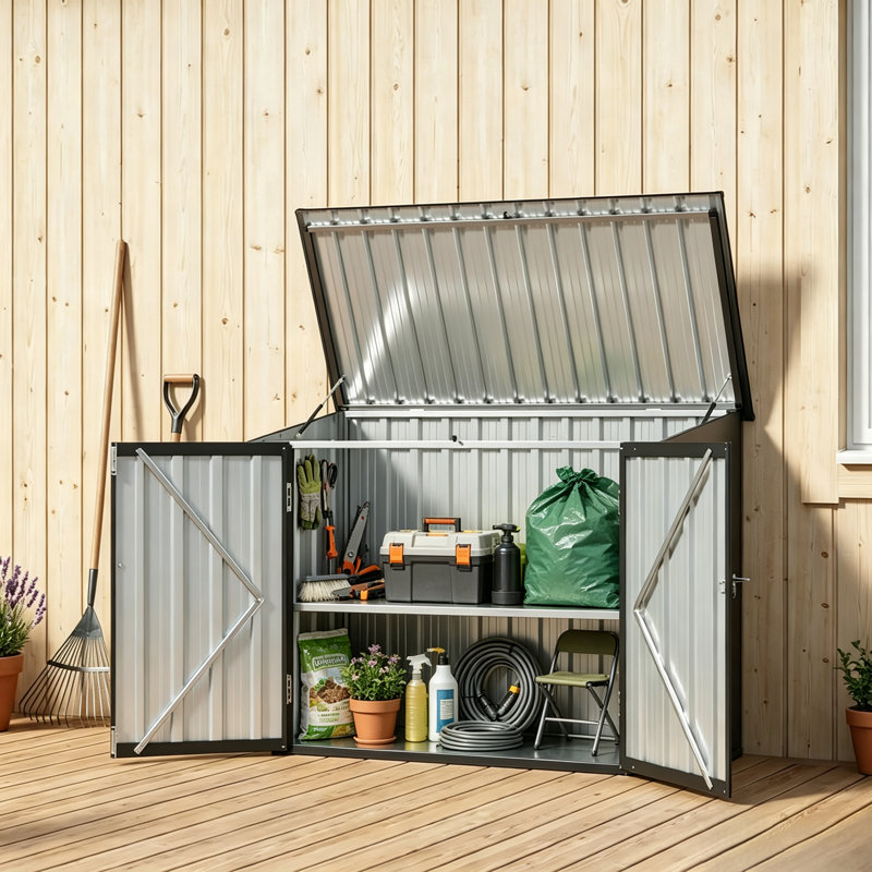4' W X 2' D Galvanized Steel Horizontal Garbage Shed With Floor Kit & Storage Shelf, 4' W X 2' D