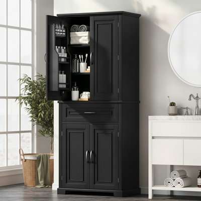 Armoire de rangement autoportante pour le linge de salle de bain, armoire de rangement noire avec portes, tiroir et tablettes réglables, noir