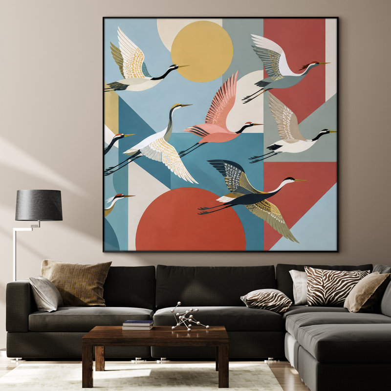 Très grand art mural imprimé sur tissu - Décoration de salon rétro bleu sarcelle avec oiseaux géométriques - «Assemblage requis du cadre (cadre non fini)»