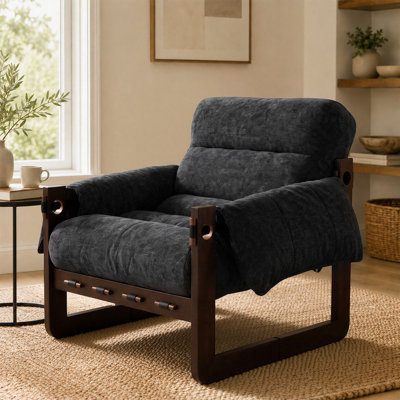 Chenille Accent Chair with Solid Wood Frame, Removable Cushions & Padded Rolled Arms, Upholstered Reading Armchair for Living Room & Bedroom, 350 lbs
