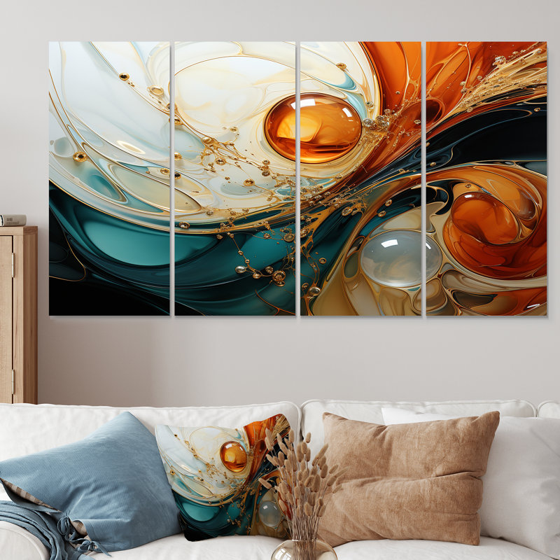 «Orange and Emerald Marble Lava IV», peinture abstraite, 4 pièces, H 32 po x l 64 po