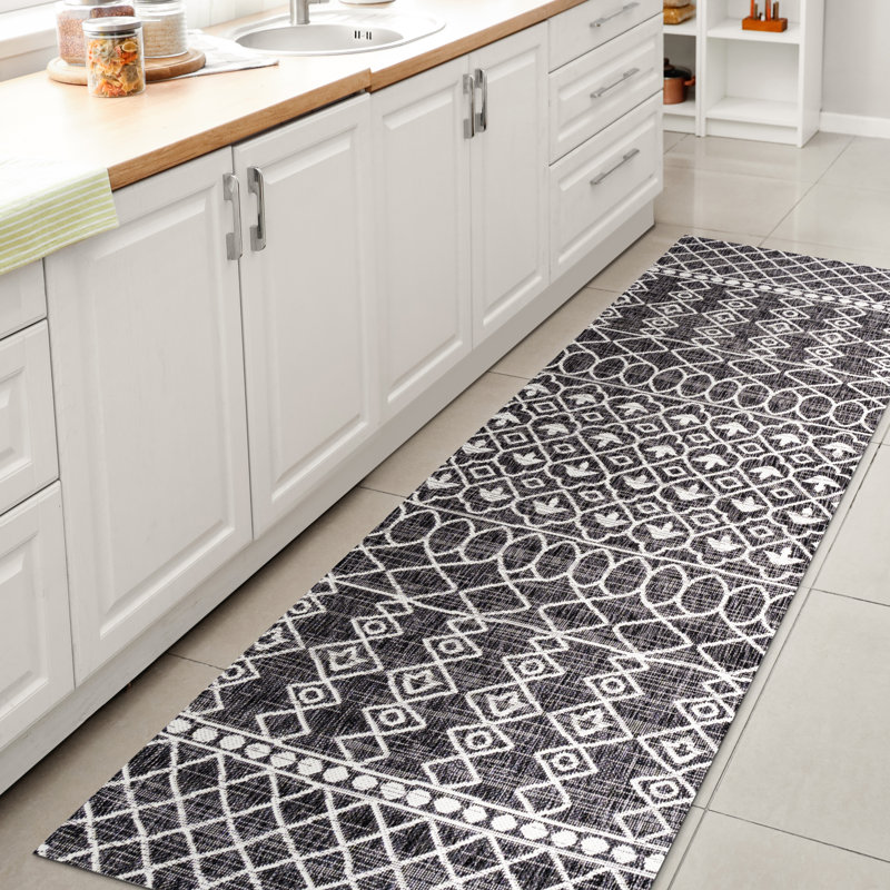Tapis intérieur / extérieur noir / ivoire Rasime Tribal Bohemian, Tapis de couloir 2 pi 2 po x 10 pi