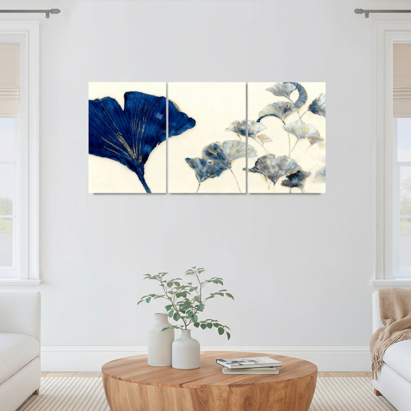 Ensemble de 3 tableaux abstraits sur toile tendue représentant des feuilles de ginkgo bleu, pour la décoration du salon, de la chambre et de la maison.