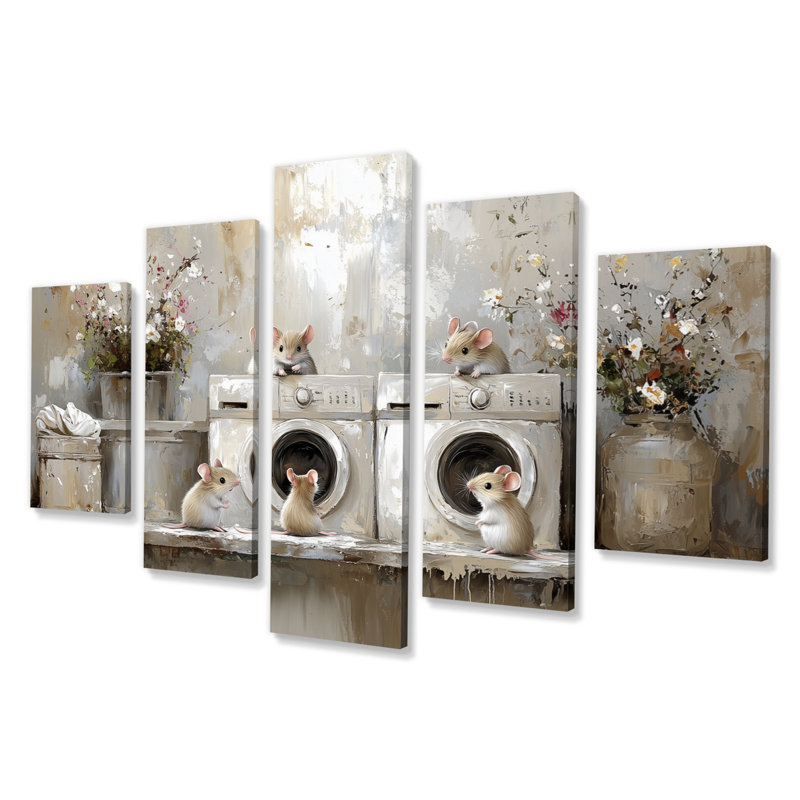 «Cute Mice Laundry Day» - ensemble de reproductions d'art mural