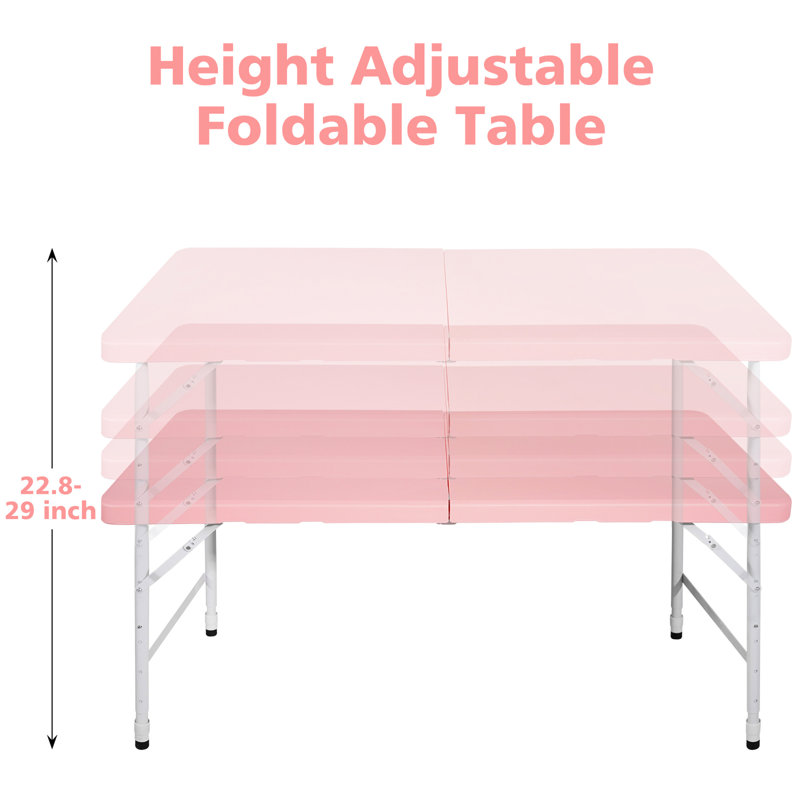 4Ft Pink Camping Folding Table. Versatile For Indoor & Outdoor. 135Kg Max Weight Bearing. Foldable With Fixed Grip Easy Transport. Smooth And Waterproof Surface. Triangular Structure Enhanced