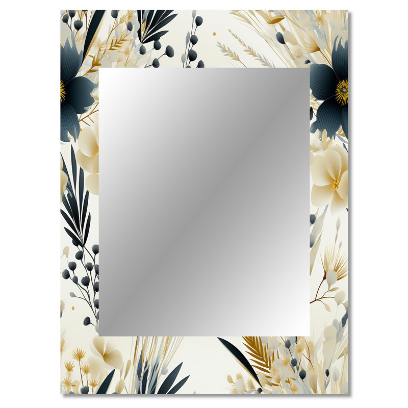 Neutral Greys Flowers Accents - botanical  Mirror, Botanical Unique Wall Mirror, Printed Metal Art, 40" x 30"