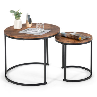 17 Stories 2pcs Stacking Metal Legs Modern Side Round Nesting Coffee Table W/ Wooden Tabletop For Living Room Rustic Brown -  609D87551BFB4A539080B7B8DCC3246E