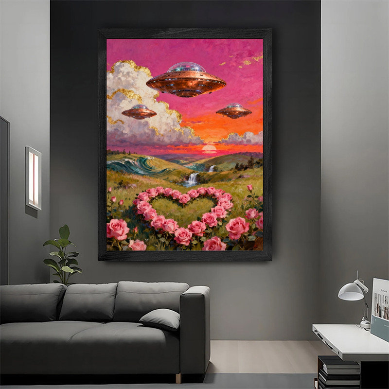 OVNI rétro et art mural noir, reproduction de paysage rétro surréel, H 17 po x l 13 po