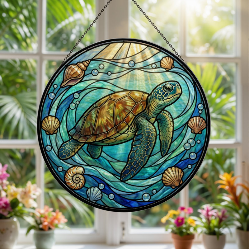 Panneau de vitrail de tortue de mer ， 7,8H, H 7,8 po