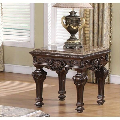 Table de bout traditionnelle en bois massif avec plateau en marbre, table d'appoint sculptée à la main en cerisier