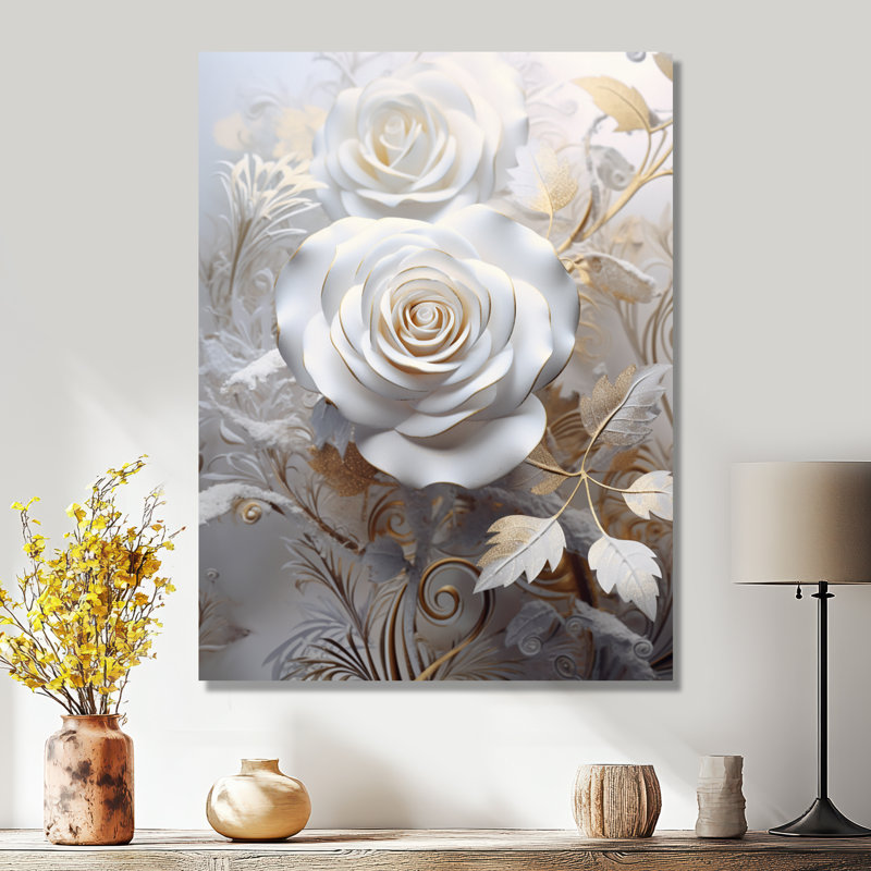 «White Rose Golden Golden Ethereal Leaves» - impression d'art mural rose, Toile tendue, H 44 po x l 34 po x P 1,5 po