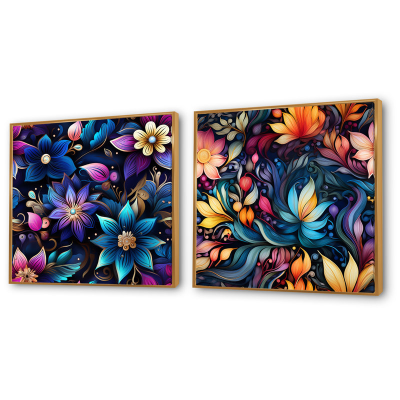 Celian - Ensemble de 2 reproductions d'art mural abstrait botaniques, H 36 po x l 73 po x P 1,5 po, Cadre flottant doré