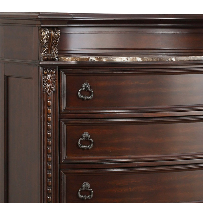Commode de luxe à 5 tiroirs cerisier foncé, commode de chambre en marbre véritable