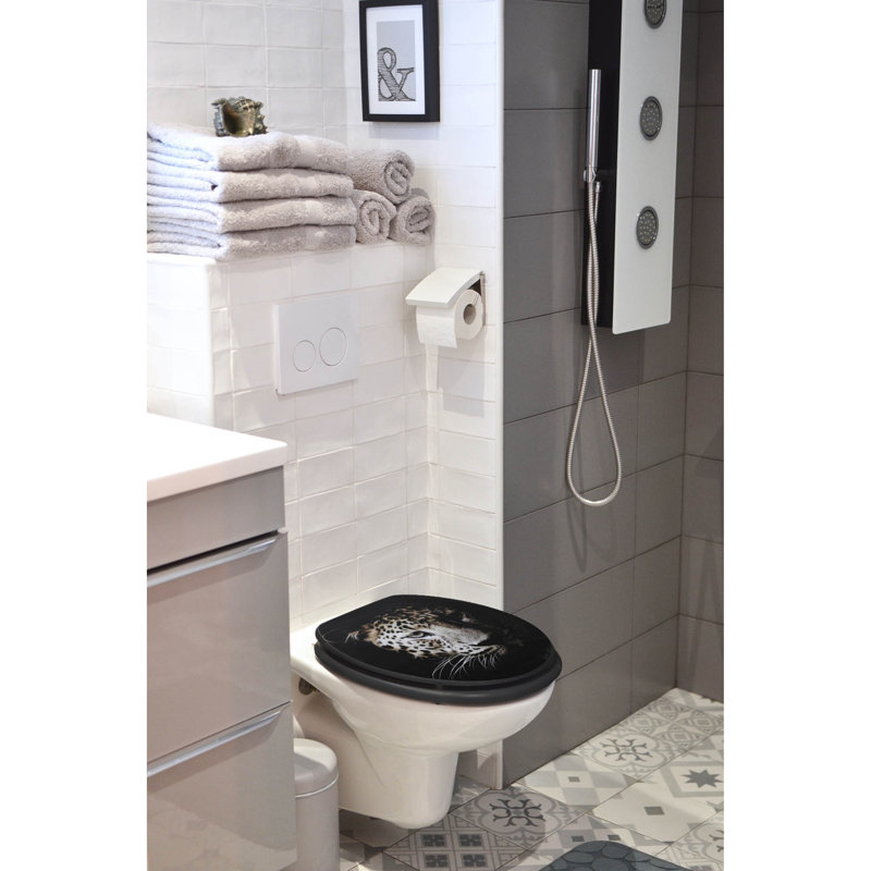 18-Inch Black Elongated Toilet Seat with Leopard Print