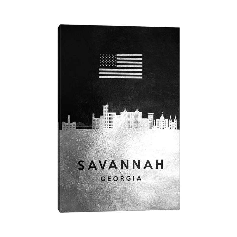 Savannah Georgia Silver Skyline by Adrian Baldovino - Wrapped Canvas Painting, 20.32 cm H x 30.48 cm W x 1.91 cm D